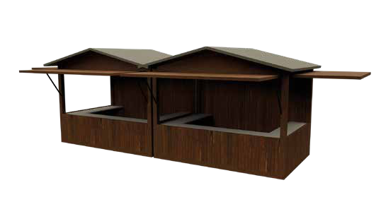 Modelo de caseta doble de madera con dos mostradores y ventanas laterales